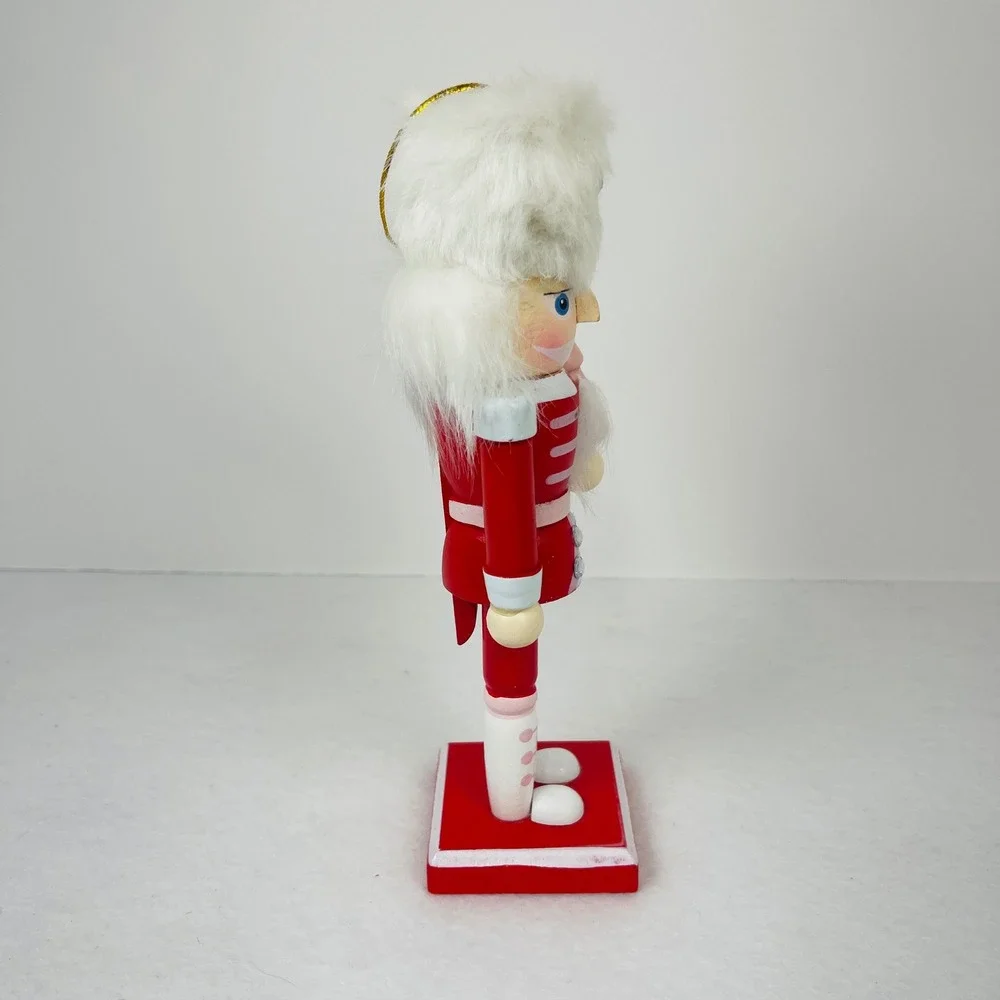 Red and Pink Wooden Nutcracker Soldier with Faux Fur Hat and Pink Tree 8 Inch